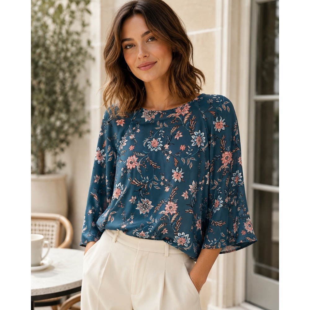 Paper Moon Teal Floral Bell Sleeve Blouse Top Pink Botanical Zipper Back Medium